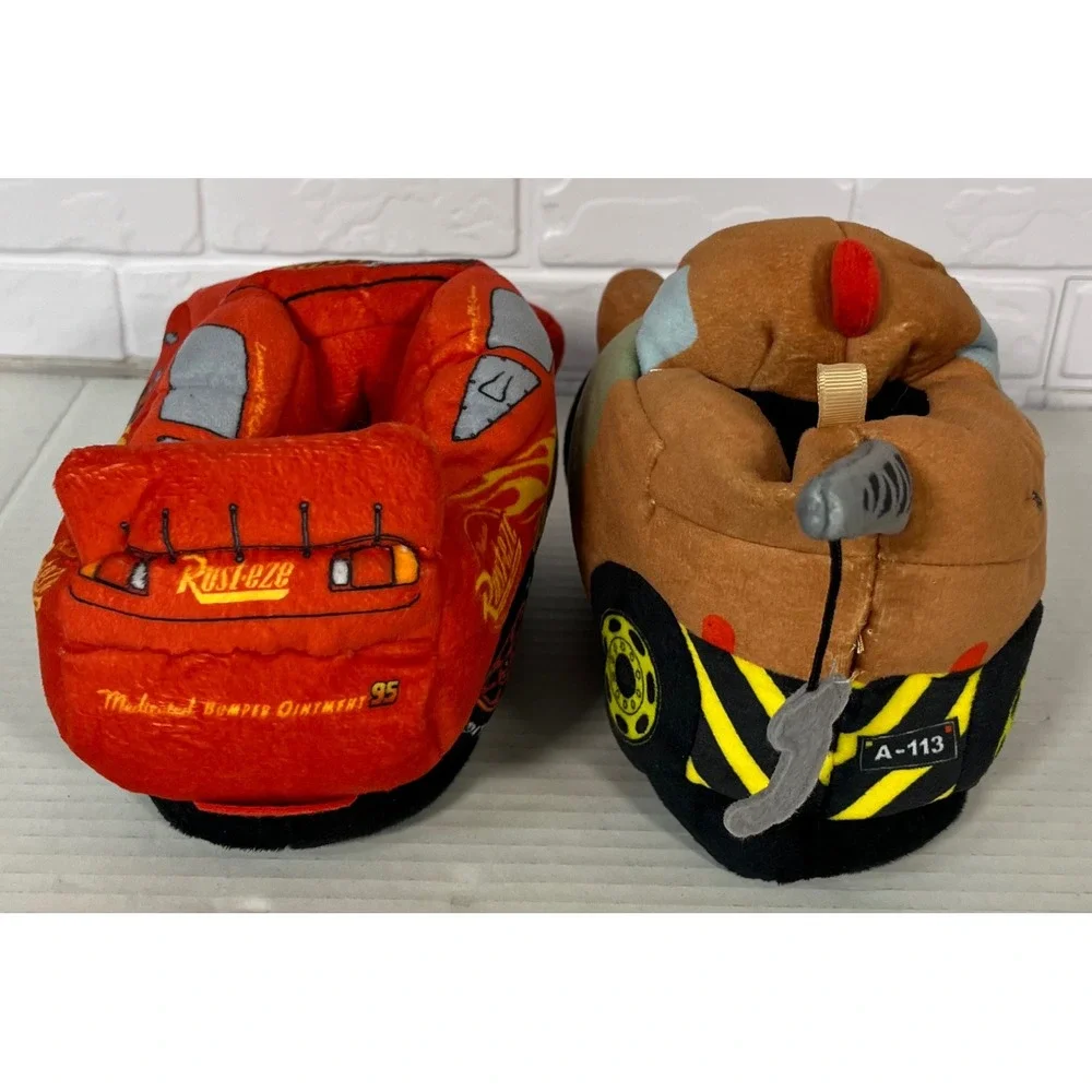 Disney Pixar Cars Slippers Kids Size 11/12 Red Brown McQueen Mater Plush Shoes